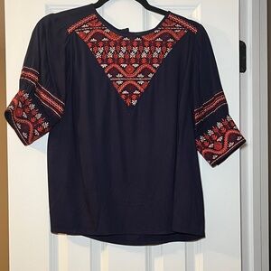 Roller Rabbit Navy and Red/Orange Embroidered Blouse XS
